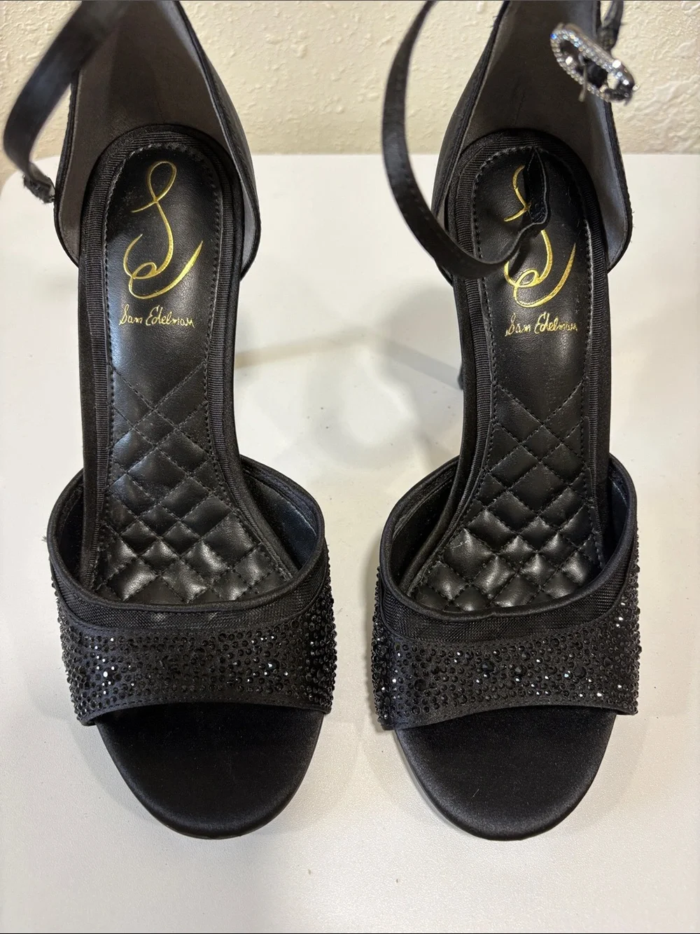 Sam Edelman Keissa Black Crystal-Embellished Ankle-Strap Heels